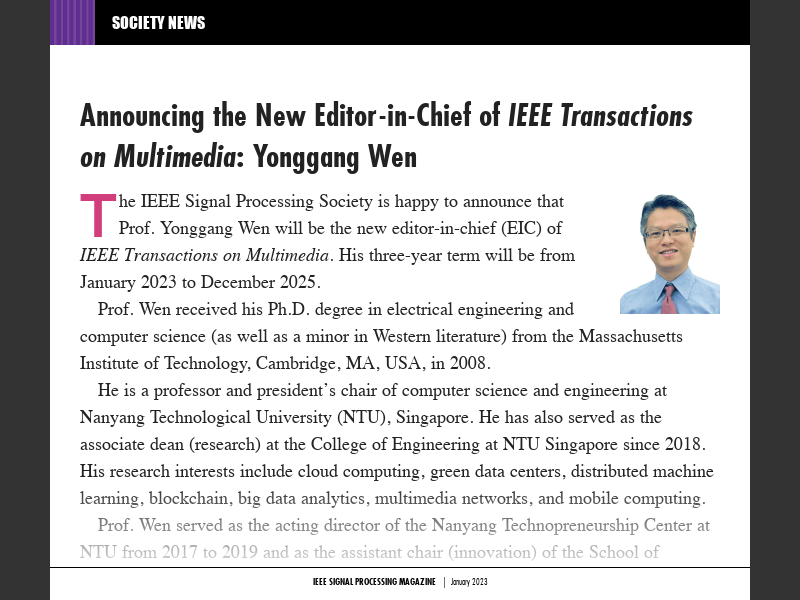 IEEE Signal Processing January 2023Announcing the New EditorinChief